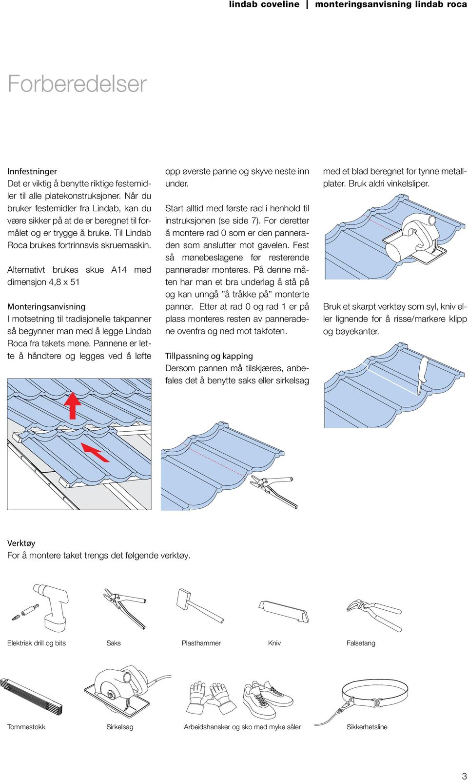 Alternativt brukes skue A14 med dimensjon 4,8 x 51 Monteringsanvisning I motsetning til tradisjonelle takpanner så begynner man med å legge Lindab Roca fra takets møne.