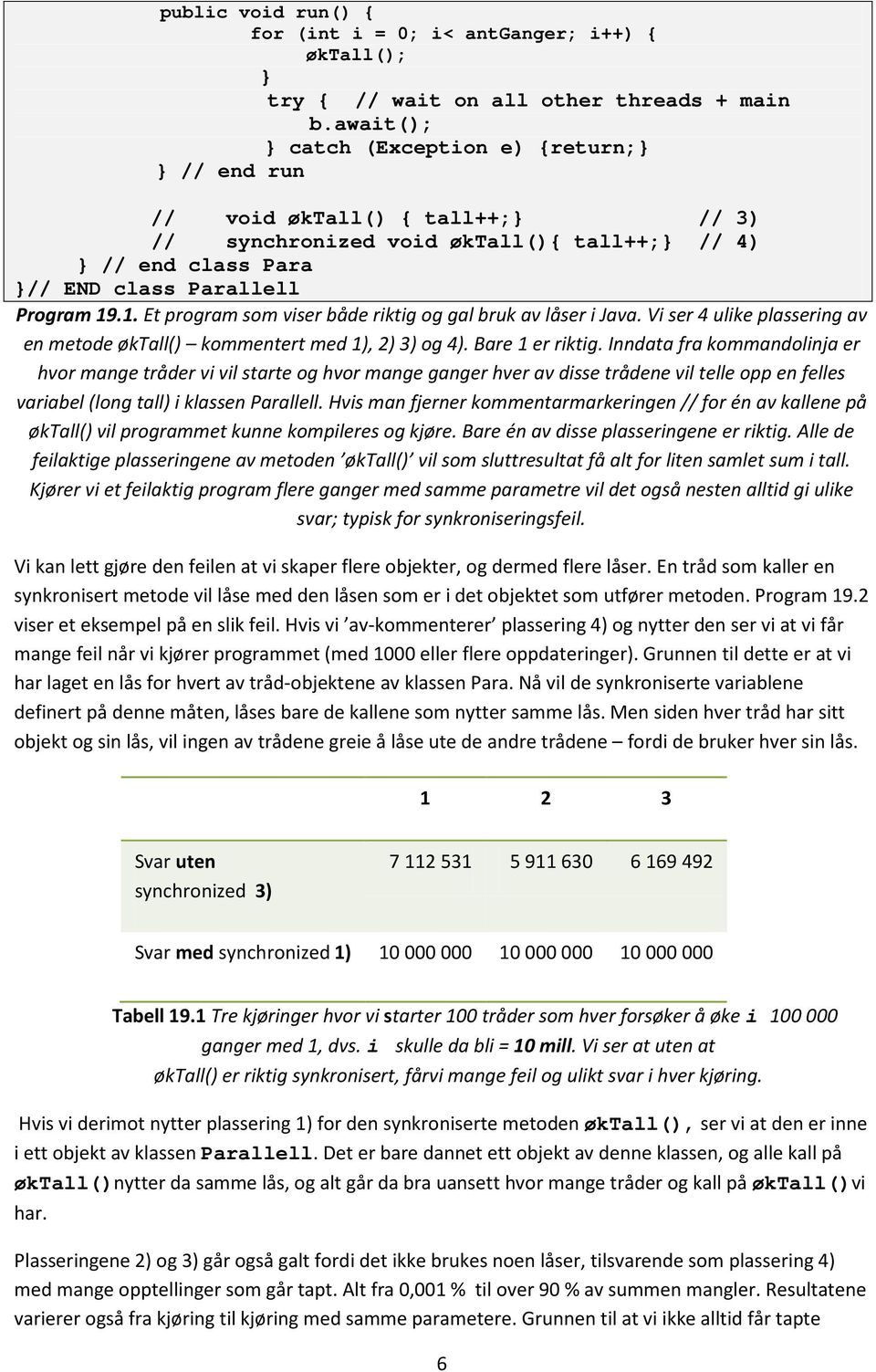 .1. Et program som viser både riktig og gal bruk av låser i Java. Vi ser 4 ulike plassering av en metode øktall() kommentert med 1), 2) 3) og 4). Bare 1 er riktig.