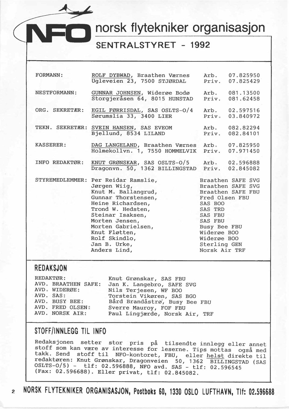 082.82294 Bjellund, 8534 LILAND Priv. 082.841 01 KASSERER : DAG LANGELAND, Braathen Værnes Arb. 07.825950 Holmekollvn. 1, 7550 HOMMELVIK Priv. 07.971450 I INFO REDAKTØR: KNUT GRØNSKAR, SAS OSLTS-015 Arb.