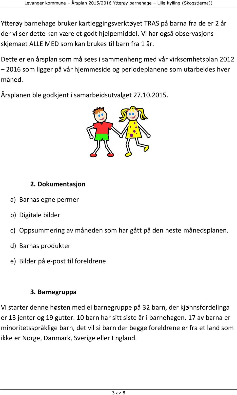 10.2015. 2. Dokumentasjon a) Barnas egne permer b) Digitale bilder c) Oppsummering av måneden som har gått på den neste månedsplanen. d) Barnas produkter e) Bilder på e-post til foreldrene 3.