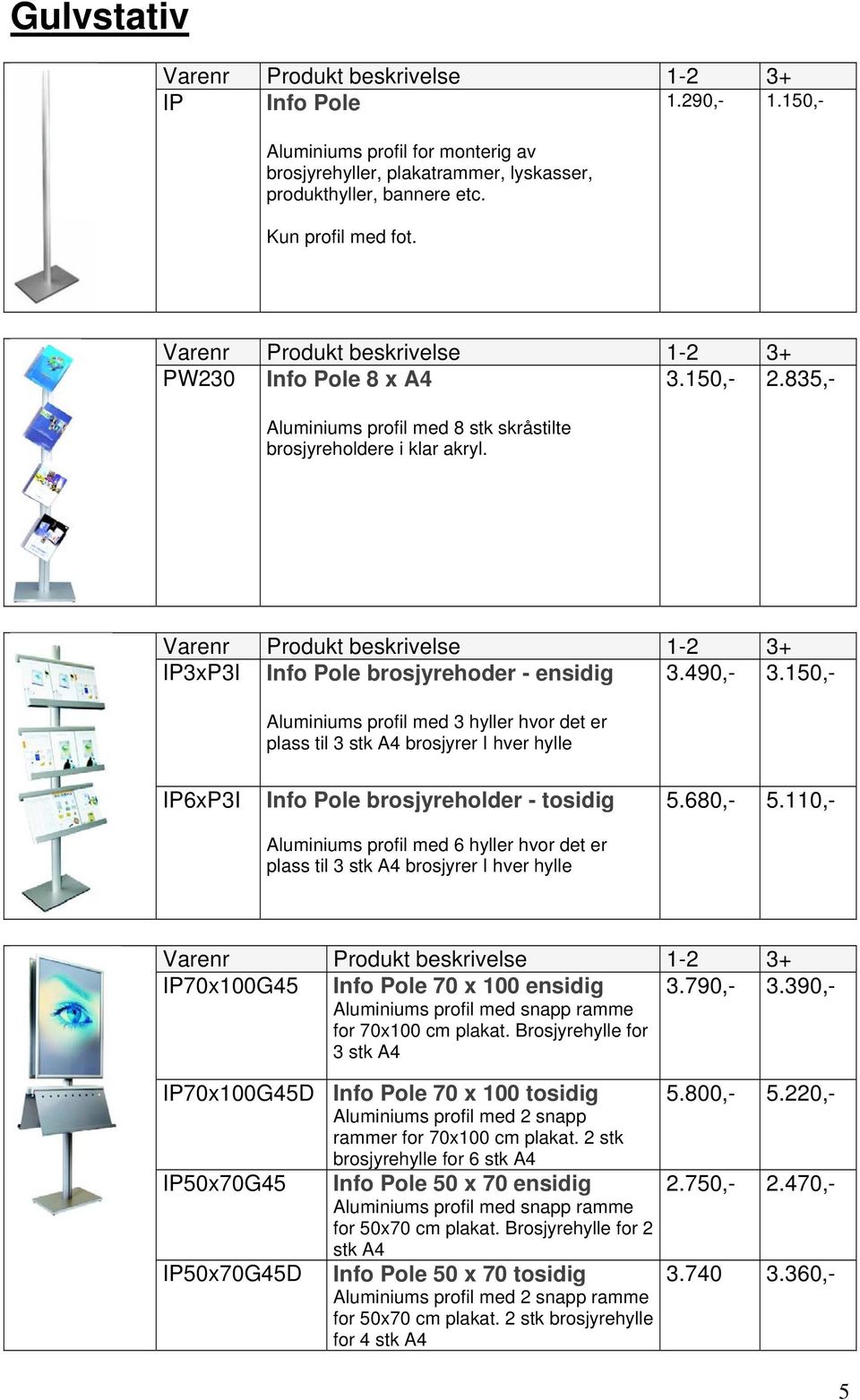 150,- Aluminiums profil med 3 hyller hvor det er plass til 3 stk A4 brosjyrer I hver hylle IP6xP3I Info Pole brosjyreholder - tosidig Aluminiums profil med 6 hyller hvor det er plass til 3 stk A4