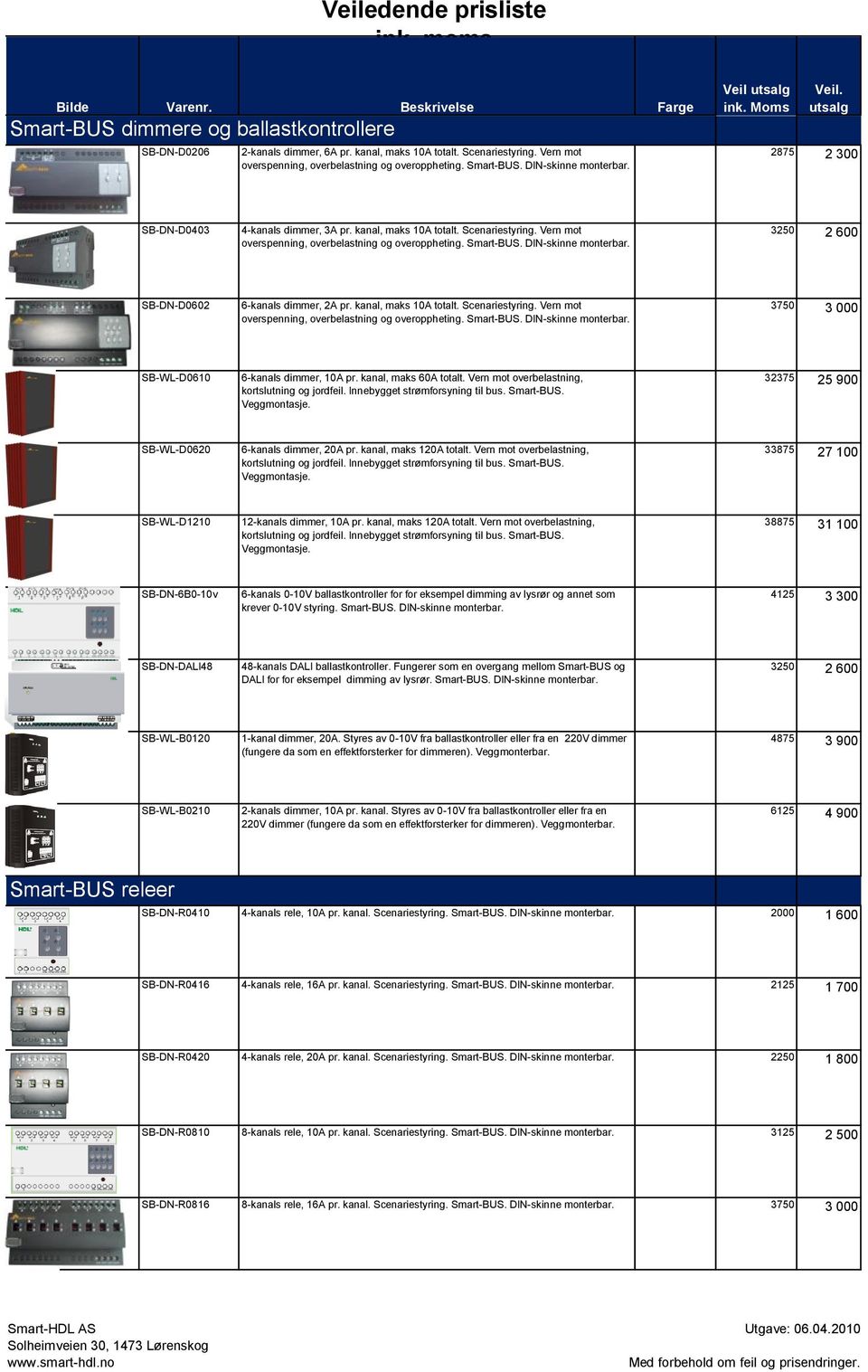 DIN-skinne 3250 2 600 SB-DN-D0602 6-kanals dimmer, 2A pr. kanal, maks 10A totalt. Scenariestyring. Vern mot overspenning, overbelastning og overoppheting. Smart-BUS.