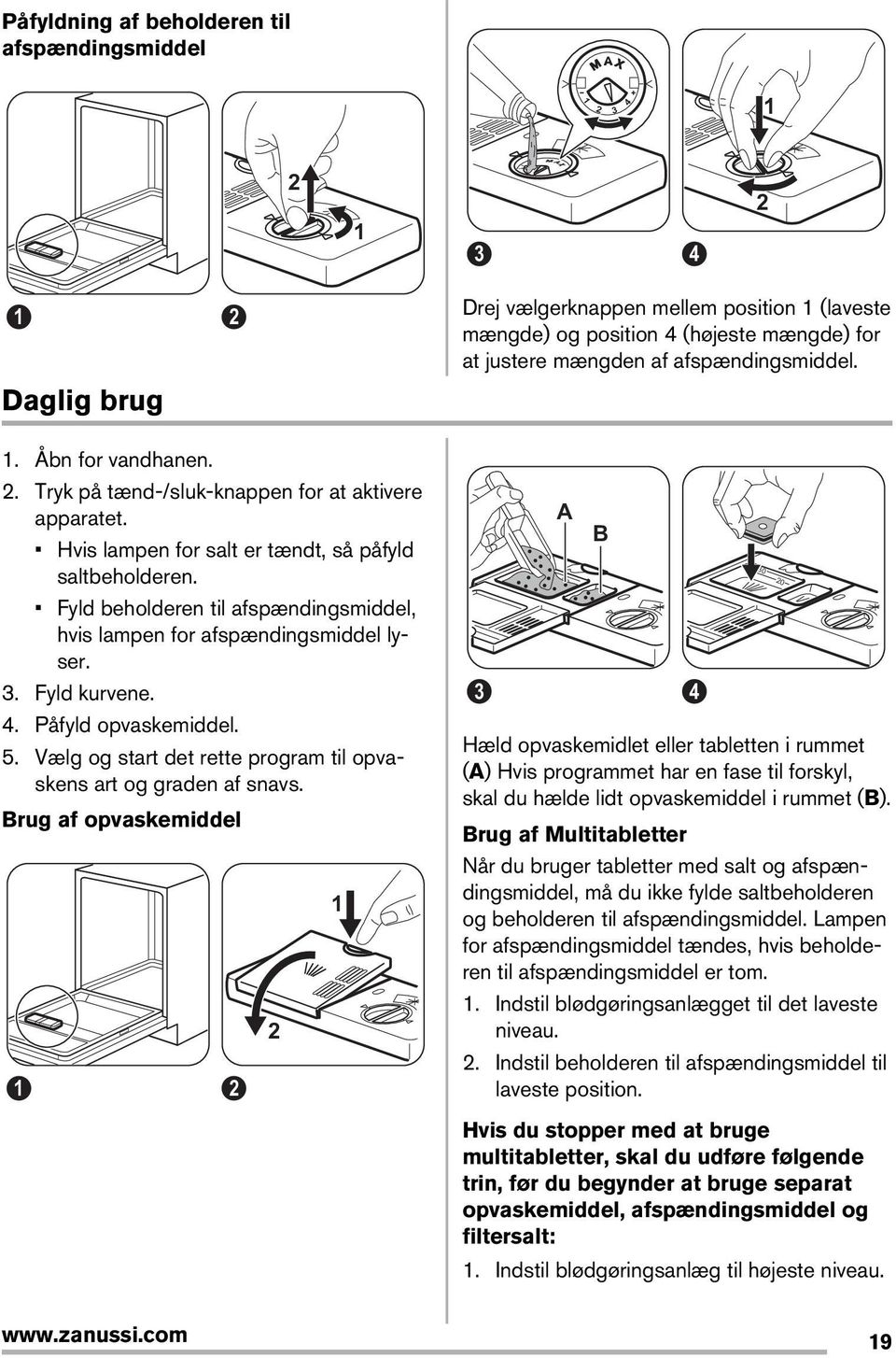 Fyld beholderen til afspændingsmiddel, hvis lampen for afspændingsmiddel lyser. 3. Fyld kurvene. 4. Påfyld opvaskemiddel. 5. Vælg og start det rette program til opvaskens art og graden af snavs.