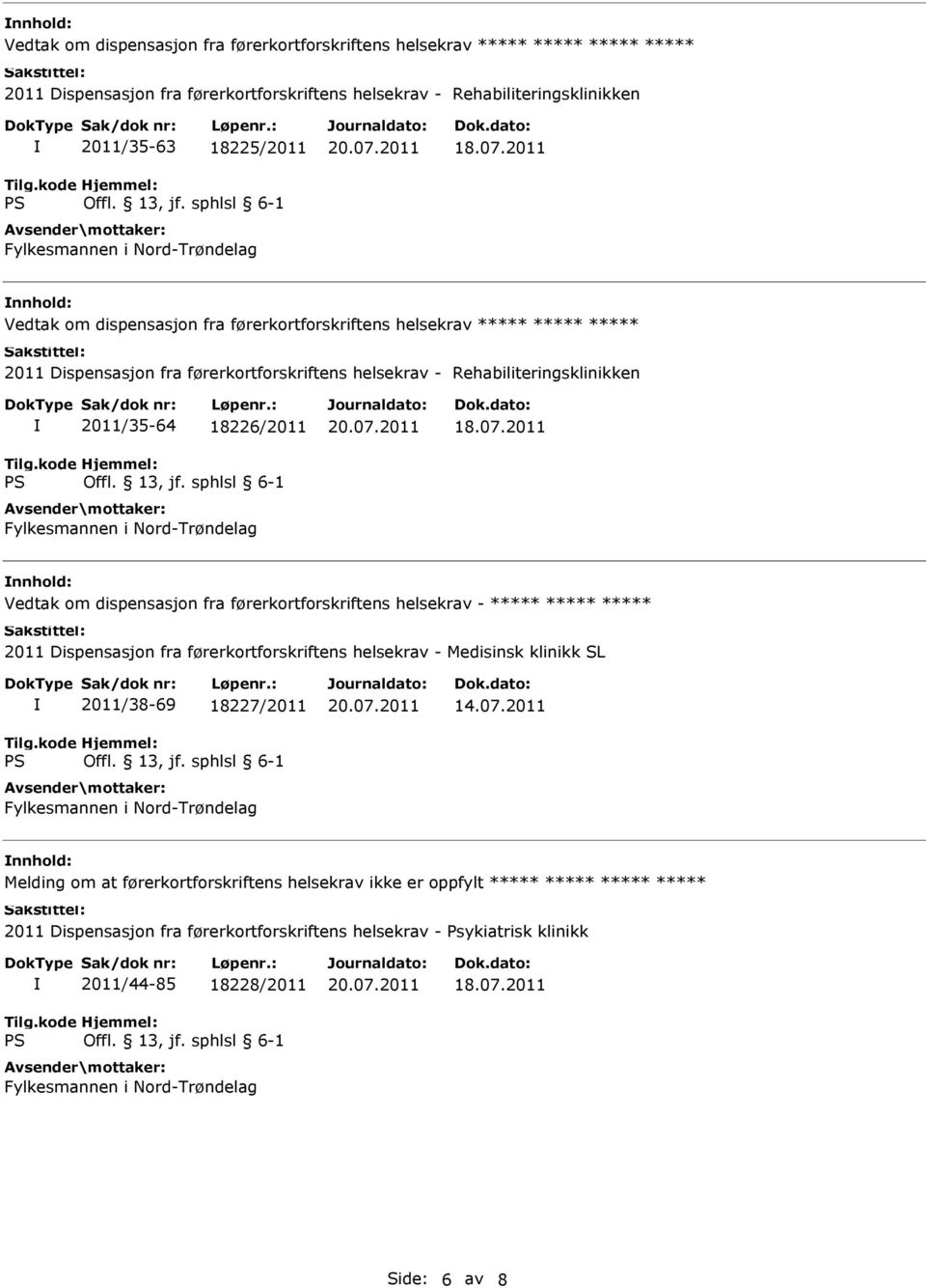 Vedtak om dispensasjon fra førerkortforskriftens helsekrav - ***** ***** ***** 2011 Dispensasjon fra førerkortforskriftens helsekrav - Medisinsk klinikk SL 2011/38-69 18227/2011 14.07.