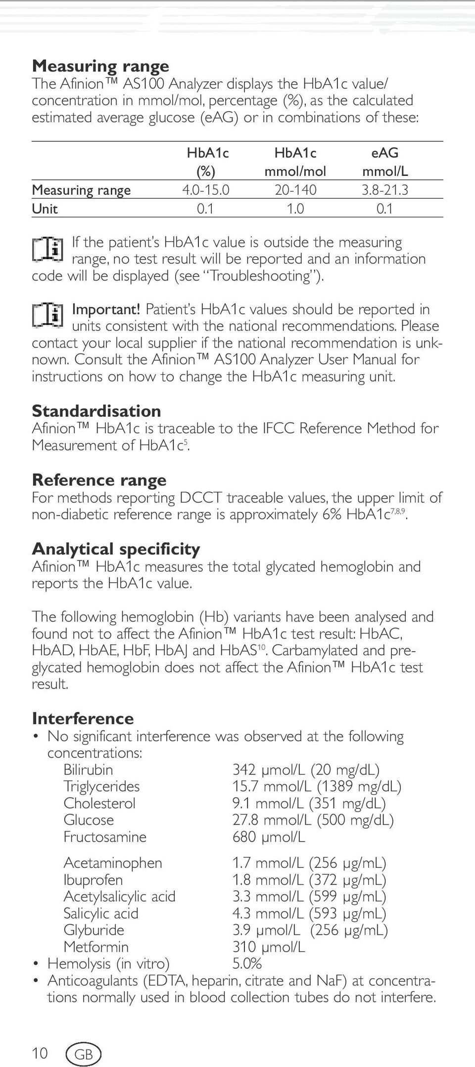 1 If the patient s HbA1c value is outside the measuring range, no test result will be reported and an information code will be displayed (see Troubleshooting ). Important!