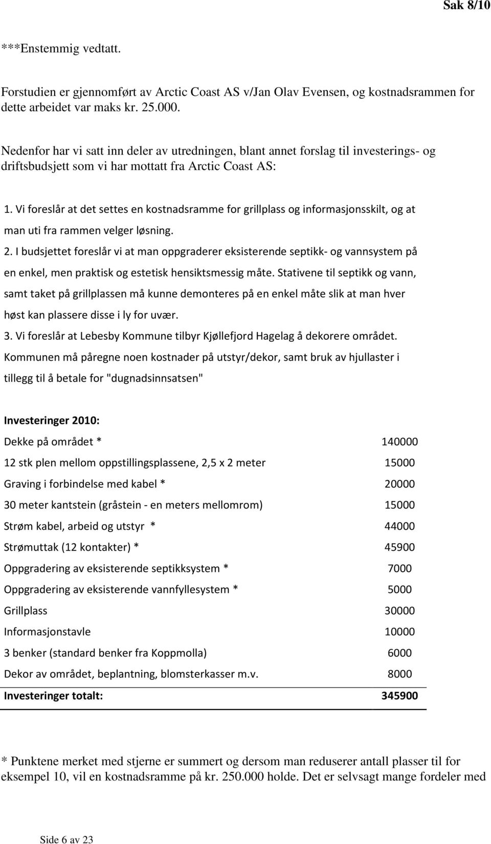 Vi foreslår at det settes en kostnadsramme for grillplass og informasjonsskilt, og at man uti fra rammen velger løsning. 2.