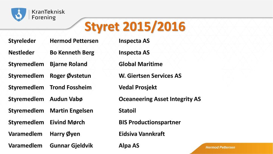 Giertsen Services AS Styremedlem Trond Fossheim Vedal Prosjekt Styremedlem Audun Vabø Oceaneering Asset