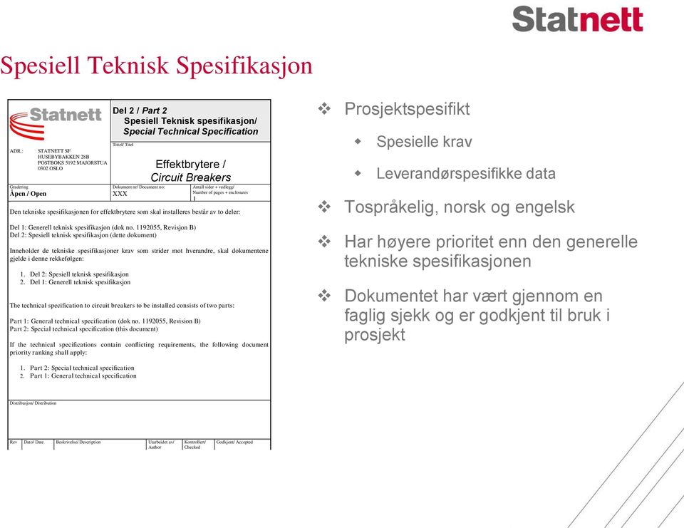 Document no: XXX Effektbrytere / Circuit Breakers Antall sider + vedlegg/ Number of pages + enclosures 1 Den tekniske spesifikasjonen for effektbrytere som skal installeres består av to deler: Del 1: