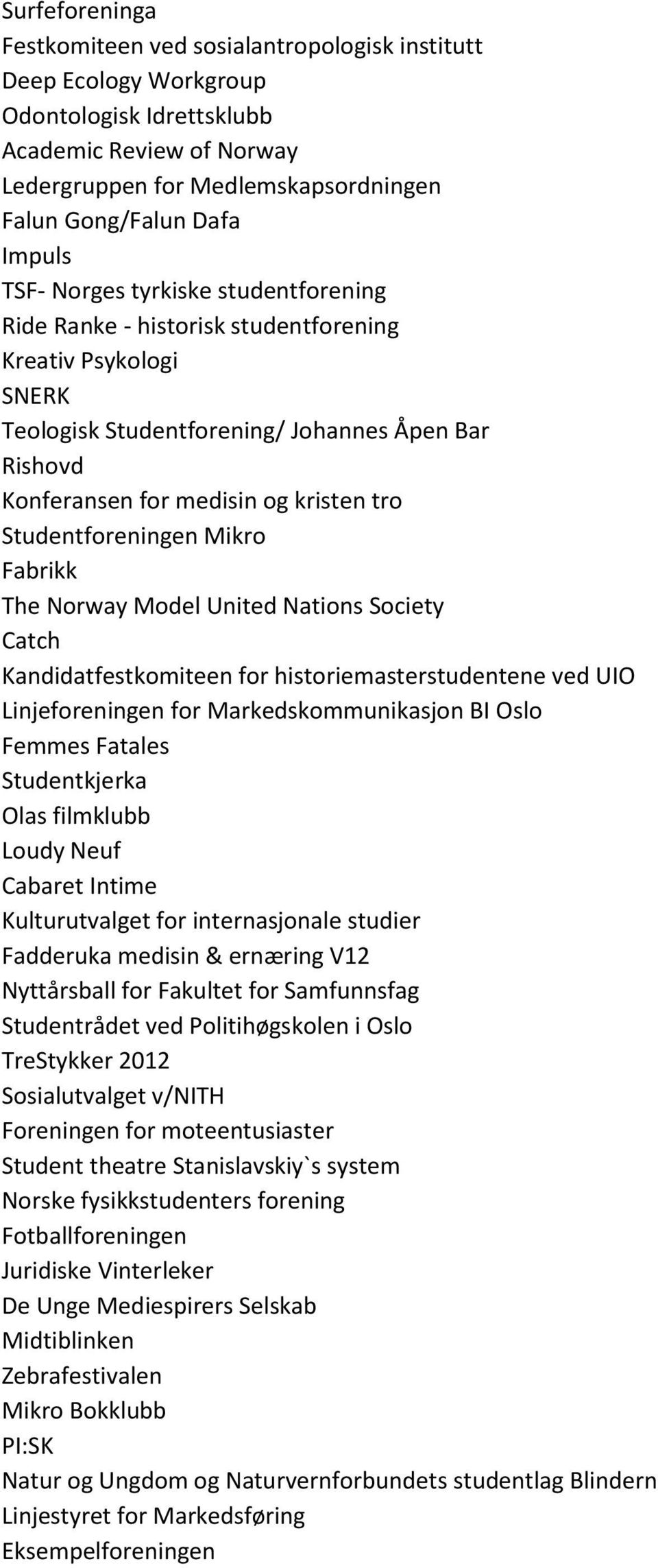 Studentforeningen Mikro Fabrikk The Norway Model United Nations Society Catch Kandidatfestkomiteen for historiemasterstudentene ved UIO Linjeforeningen for Markedskommunikasjon BI Oslo Femmes Fatales