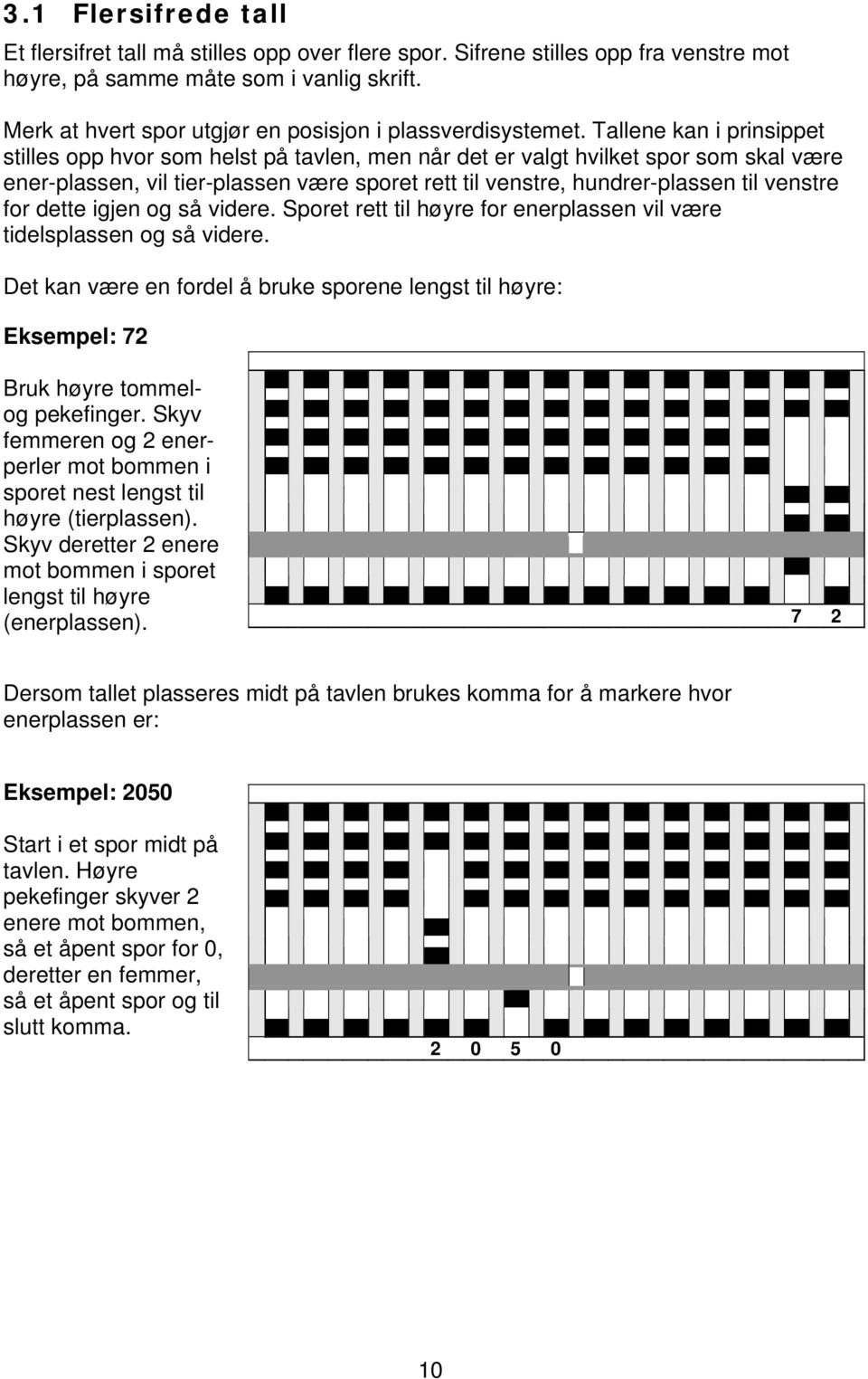 Tallene kan i prinsippet stilles opp hvor som helst på tavlen, men når det er valgt hvilket spor som skal være ener-plassen, vil tier-plassen være sporet rett til venstre, hundrer-plassen til venstre