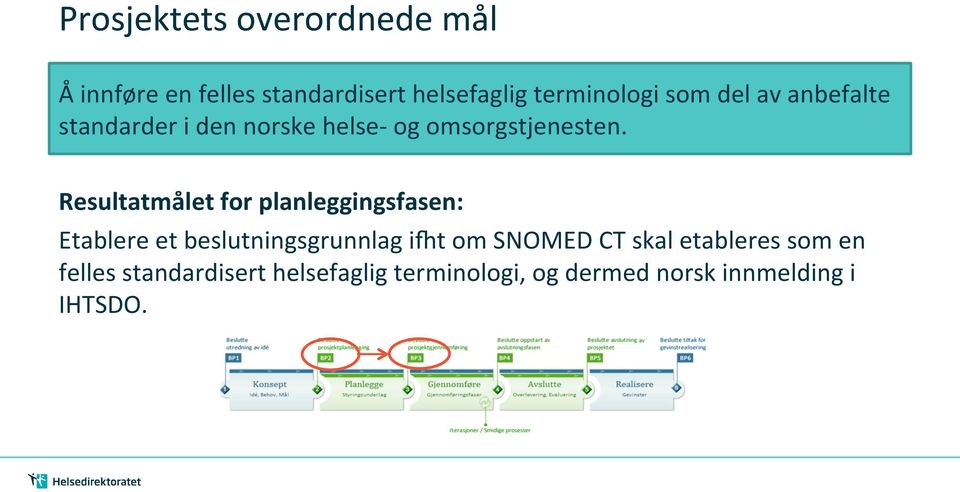 Resultatmålet for planleggingsfasen: Etablere et beslutningsgrunnlag ipt om SNOMED CT