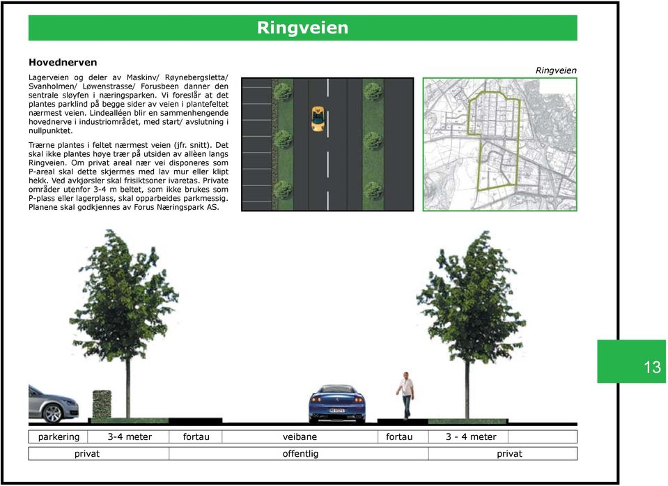 Trærne plantes i feltet nærmest veien (jfr. snitt). Det skal ikke plantes høye trær på utsiden av allèen langs Ringveien.