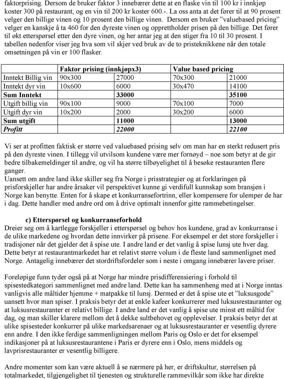 Dersom en bruker valuebased pricing velger en kanskje å ta 460 for den dyreste vinen og opprettholder prisen på den billige.