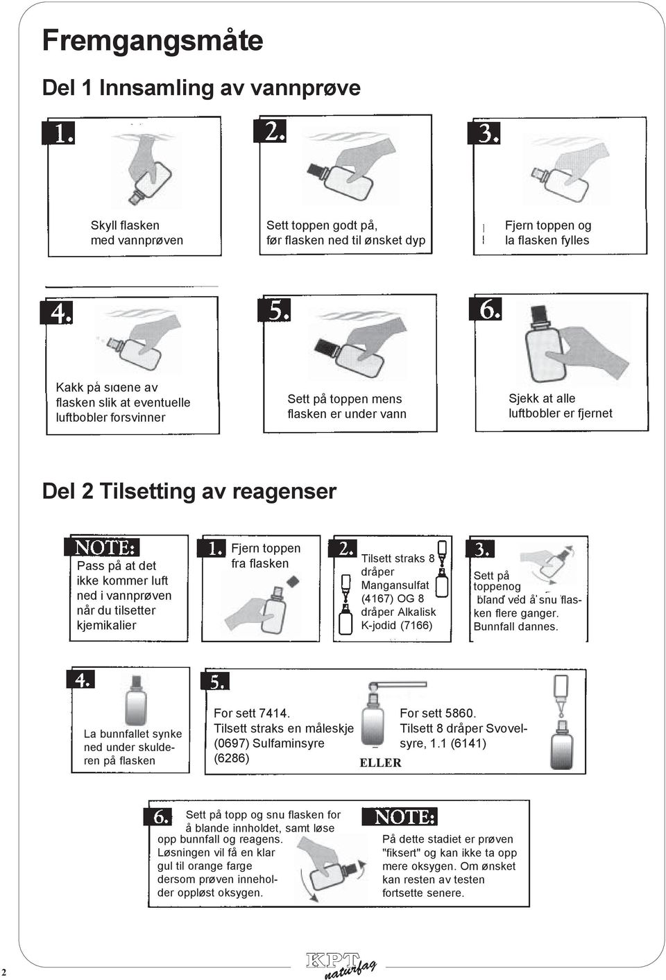 tilsetter kjemikalier Fjern toppen fra flasken Tilsett straks 8 dråper Mangansulfat (4167) OG 8 dråper Alkalisk K-jodid (7166) Sett på toppenog bland ved å snu flasken flere ganger. Bunnfall dannes.