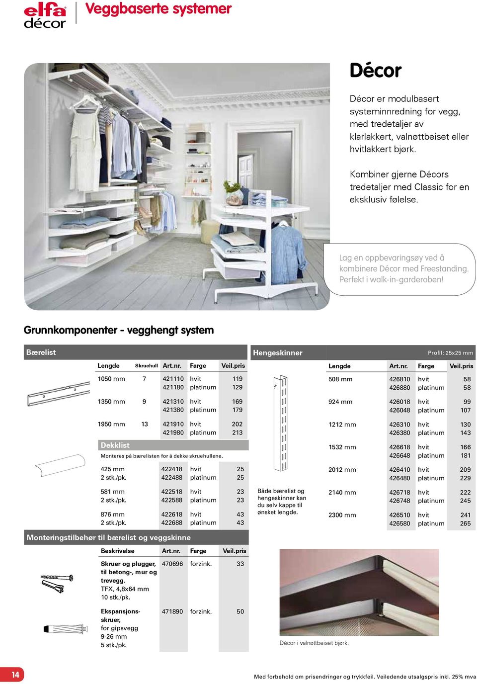 Grunnkomponenter - vegghengt system Bærelist Hengeskinner Profil: 25x25 mm Lengde Skruehull Art.nr. Farge Veil.