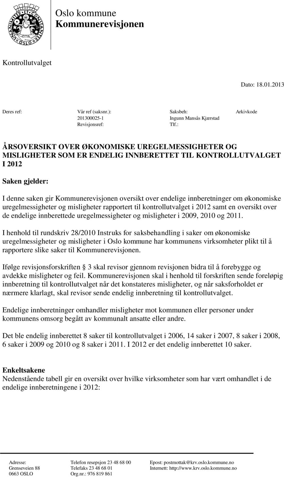 innberetninger om økonomiske uregelmessigheter og misligheter rapportert til kontrollutvalget i 2012 samt en oversikt over de endelige innberettede uregelmessigheter og misligheter i 2009, 2010 og