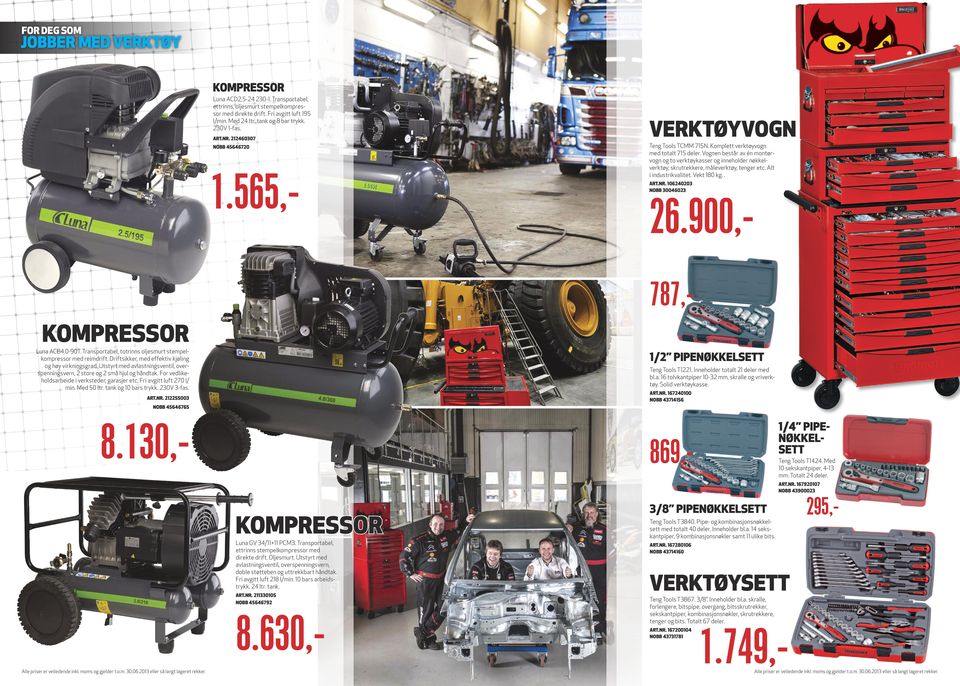 Vognen består av én montørvogn og to verktøykasser og inneholder nøkkelverktøy, skrutrekkere, måleverktøy, tenger etc. Alt i industrikvalitet. Vekt 180 kg.. Art.nr. 106240203 Nobb 30046023 26.