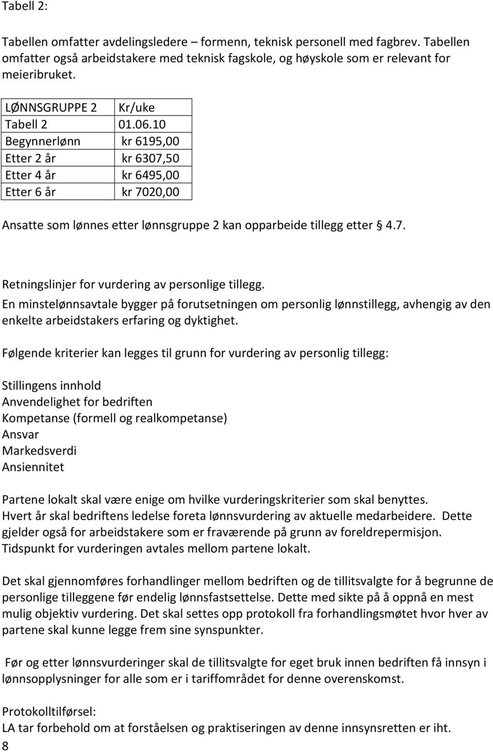 7. Retningslinjer for vurdering av personlige tillegg. En minstelønnsavtale bygger på forutsetningen om personlig lønnstillegg, avhengig av den enkelte arbeidstakers erfaring og dyktighet.