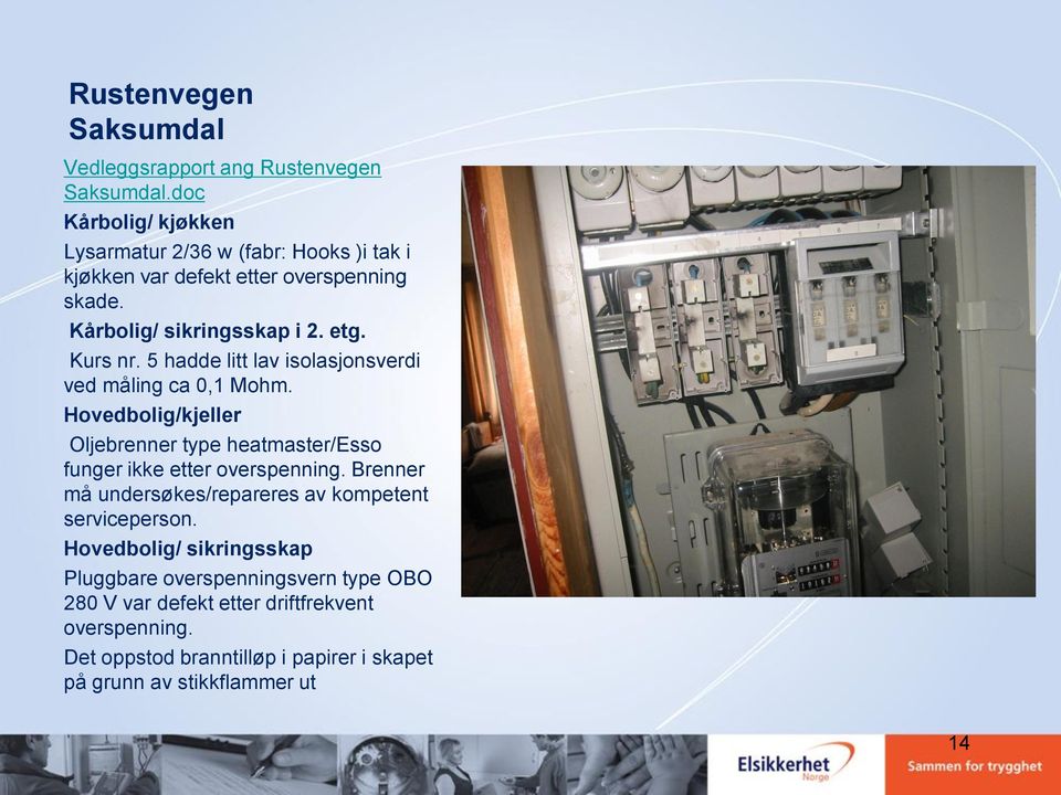 5 hadde litt lav isolasjonsverdi ved måling ca 0,1 Mohm. Hovedbolig/kjeller Oljebrenner type heatmaster/esso funger ikke etter overspenning.