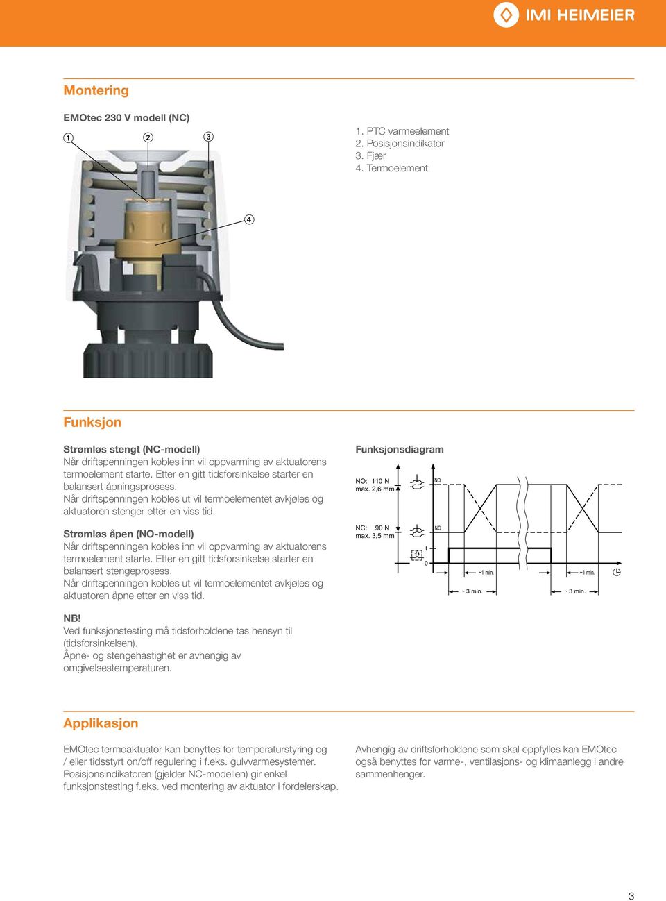 Når driftspenningen kobles ut vil termoelementet avkjøles og aktuatoren stenger etter en viss tid. Funksjonsdiagram NO: 110 N max.