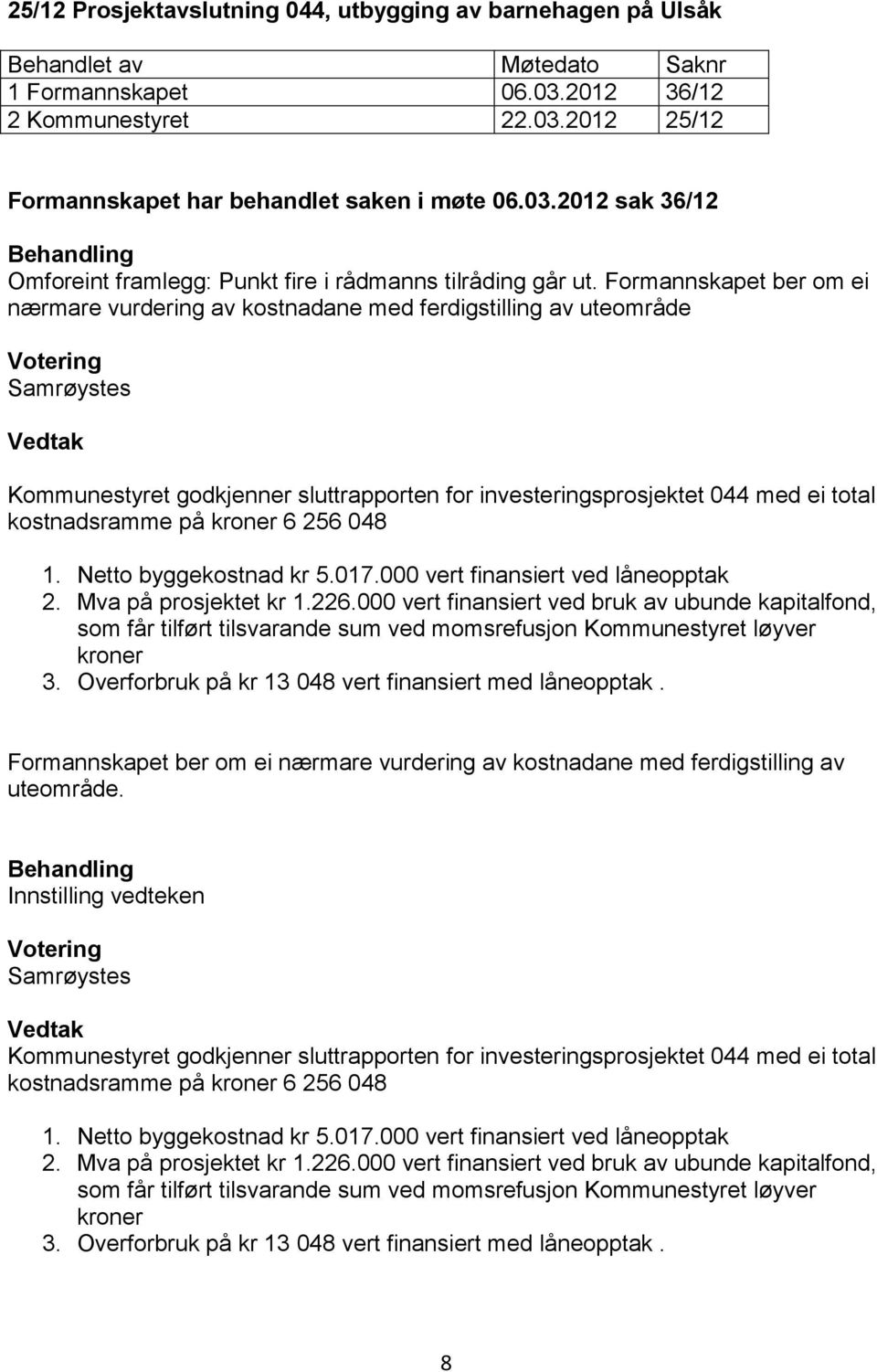 256 048 1. Netto byggekostnad kr 5.017.000 vert finansiert ved låneopptak 2. Mva på prosjektet kr 1.226.