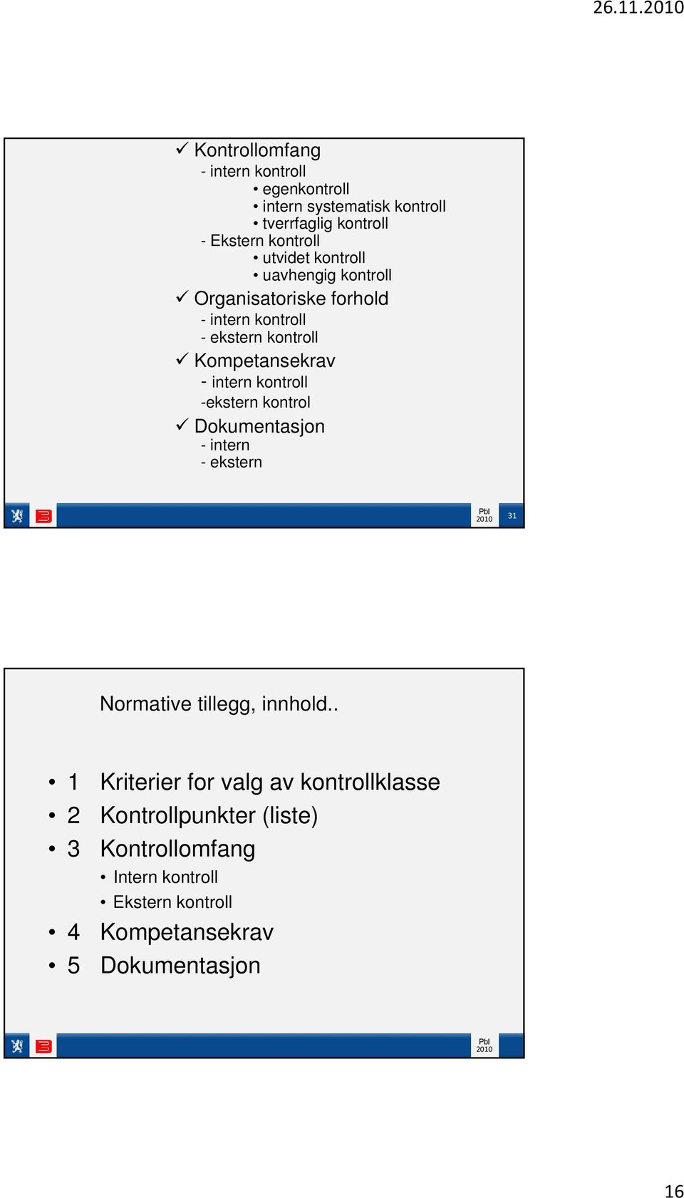 utvidet kontroll uavhengig kontroll Organisatoriske forhold - intern kontroll - ekstern kontroll Kompetansekrav - intern