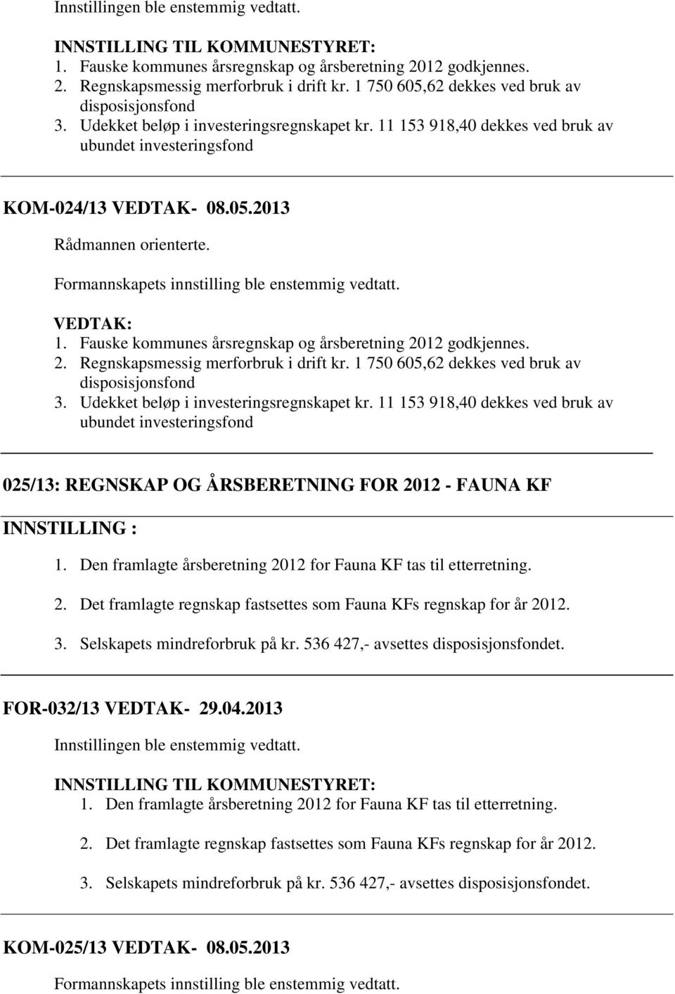 11 153 918,40 dekkes ved bruk av ubundet investeringsfond 025/13: REGNSKAP OG ÅRSBERETNING FOR 2012 - FAUNA KF 1. Den framlagte årsberetning 2012 for Fauna KF tas til etterretning. 2. Det framlagte regnskap fastsettes som Fauna KFs regnskap for år 2012.