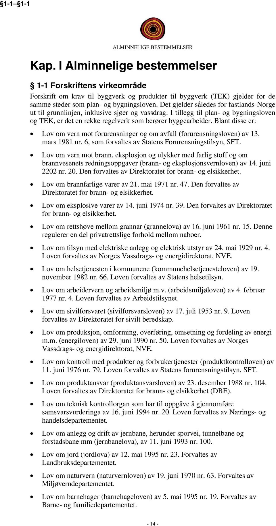 Det gjelder således for fastlands-norge ut til grunnlinjen, inklusive sjøer og vassdrag. I tillegg til plan- og bygningsloven og TEK, er det en rekke regelverk som berører byggearbeider.