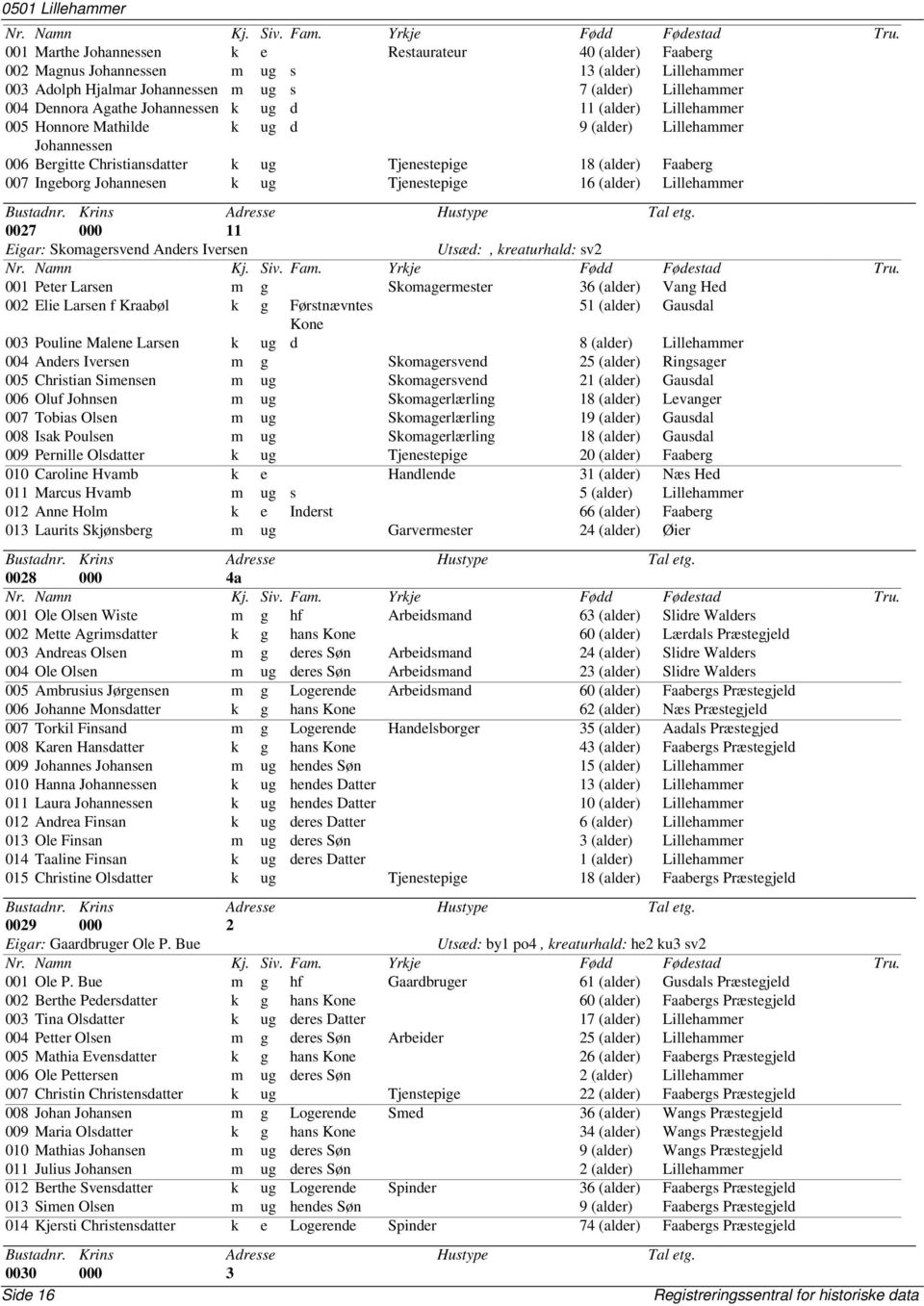 Johannesen k ug Tjenestepige 16 (alder) Lillehammer 0027 000 11 Eigar: Skomagersvend Anders Iversen Utsæd:, kreaturhald: sv2 001 Peter Larsen m g Skomagermester 36 (alder) Vang Hed 002 Elie Larsen f