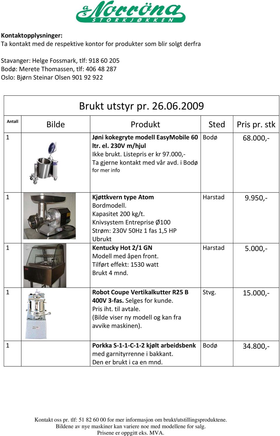 000, Ta gjerne kontakt med vår avd. i Bodø for mer info Bodø 68.000, 1 Kjøttkvern type Atom Bordmodell. Kapasitet 200 kg/t.