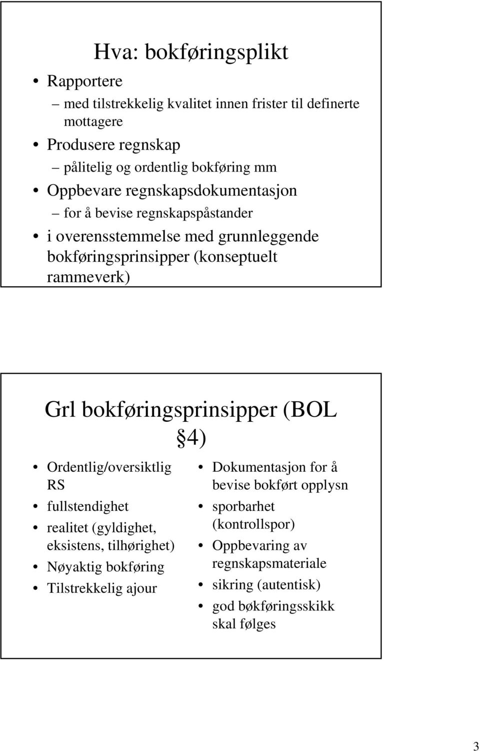 bokføringsprinsipper (BOL 4) Ordentlig/oversiktlig RS fullstendighet realitet (gyldighet, eksistens, tilhørighet) Nøyaktig bokføring Tilstrekkelig ajour