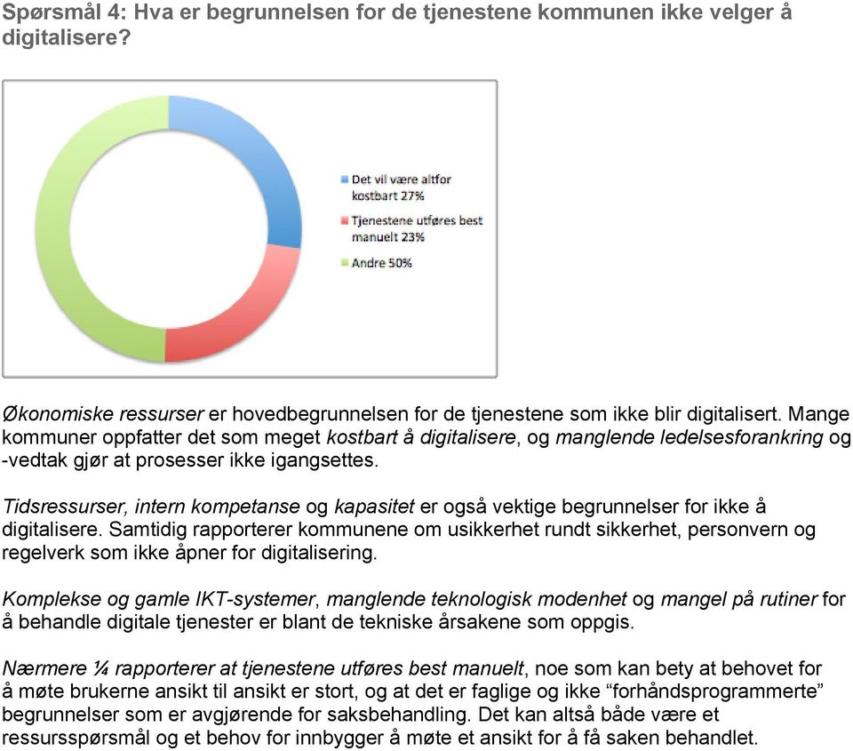 Tidsressurser, intern kompetanse og kapasitet er også vektige begrunnelser for ikke å digitalisere.