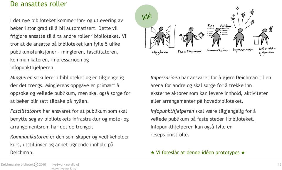 Mingleren sirkulerer i biblioteket og er tilgjengelig der det trengs. Minglerens oppgave er primært å oppsøke og veilede publikum, men skal også sørge for at bøker blir satt tilbake på hyllen.