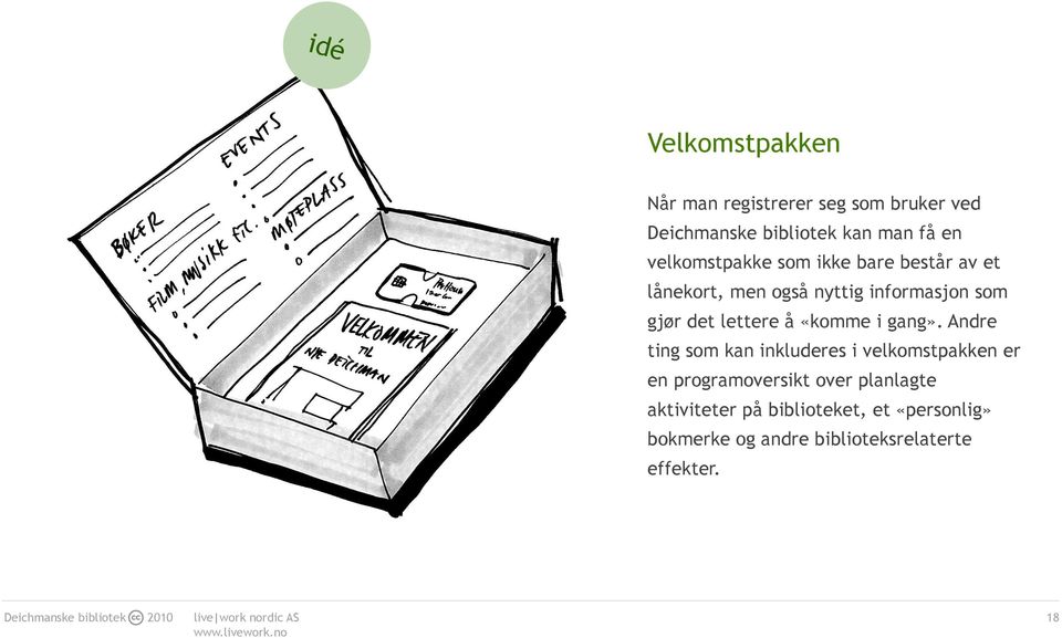 Andre ting som kan inkluderes i velkomstpakken er en programoversikt over planlagte aktiviteter på