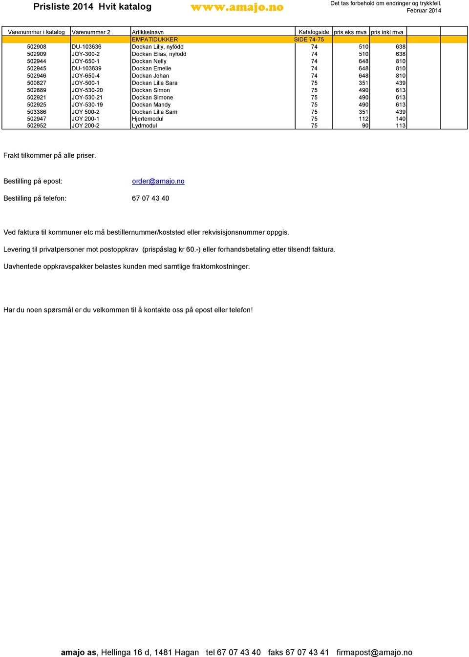 Dockan Mandy 75 490 613 503386 JOY 500-2 Dockan Lilla Sam 75 351 439 502947 JOY 200-1 Hjertemodul 75 112 140 502952 JOY 200-2 Lydmodul 75 90 113 Frakt tilkommer på alle priser.