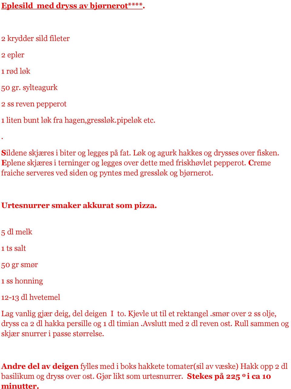 Creme fraiche serveres ved siden og pyntes med gressløk og bjørnerot. Urtesnurrer smaker akkurat som pizza.