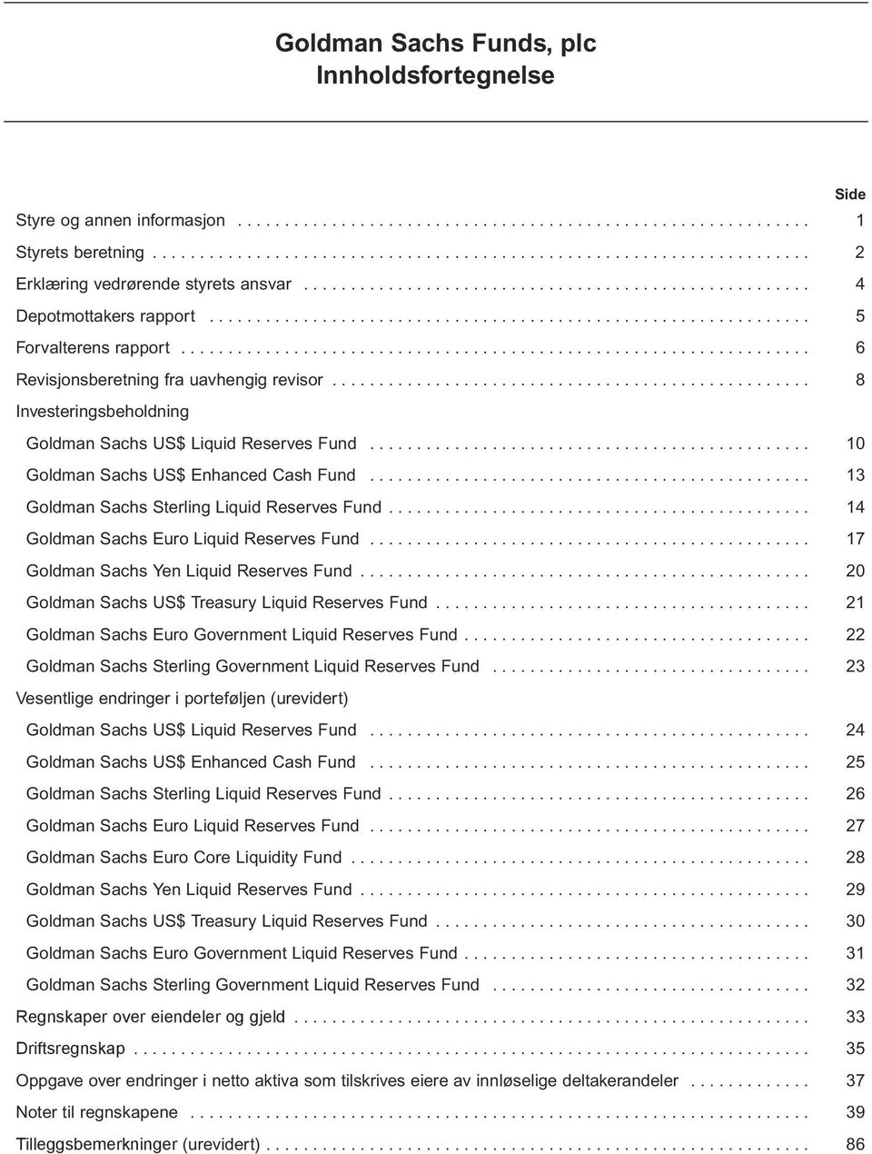 .................................................................. 6 Revisjonsberetning fra uavhengig revisor................................................... 8 Investeringsbeholdning Goldman Sachs US$ Liquid.