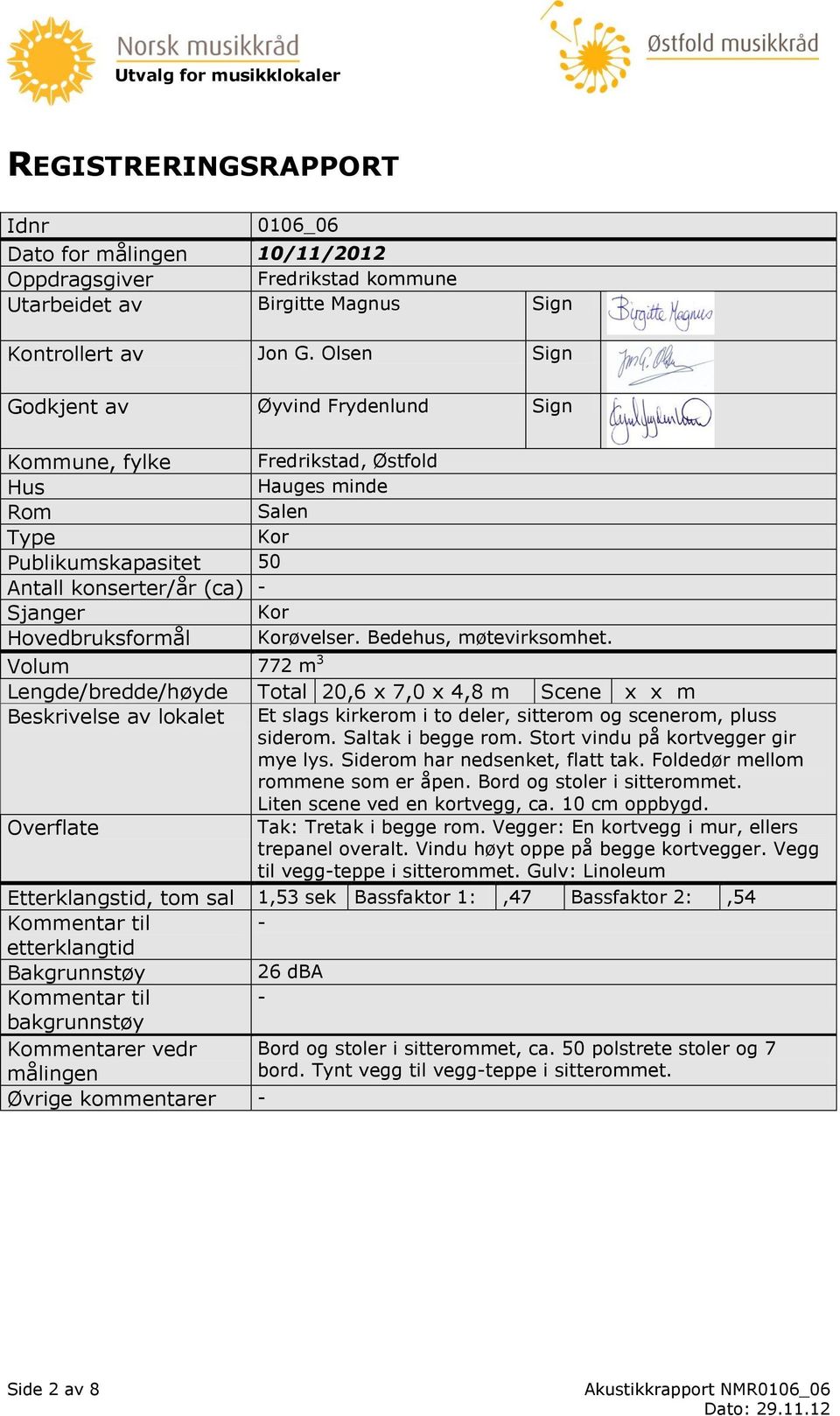 Korøvelser. Bedehus, møtevirksomhet. Volum 772 m 3 Lengde/bredde/høyde Total 20,6 x 7,0 x 4,8 m Scene x x m Beskrivelse av lokalet Et slags kirkerom i to deler, sitterom og scenerom, pluss siderom.