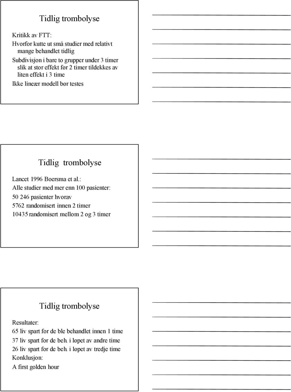 : Alle studier med mer enn 100 pasienter: 50 246 pasienter hvorav 5762 randomisert innen 2 timer 10435 randomisert mellom 2 og 3 timer Tidlig trombolyse