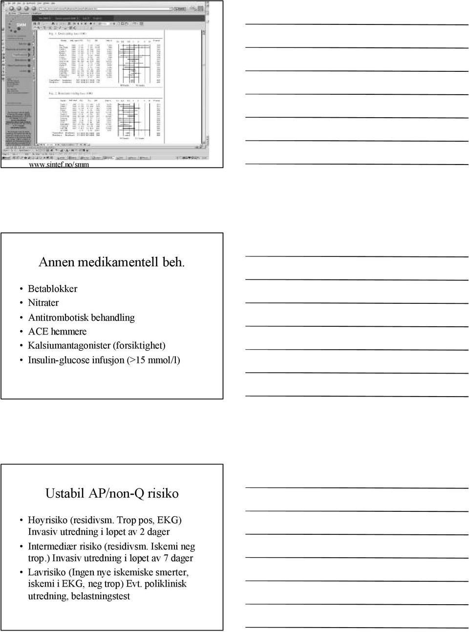 infusjon (>15 mmol/l) Ustabil AP/non-Q risiko Høyrisiko (residivsm.