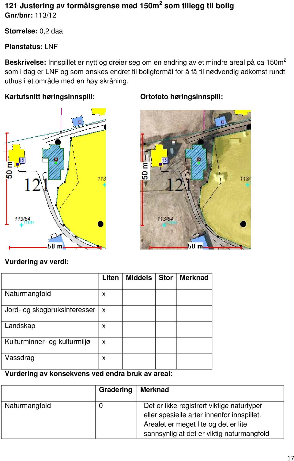 Kartutsnitt høringsinnspill: Ortofoto høringsinnspill: Vurdering av verdi: Liten Middels Stor Merknad Naturmangfold Jord- og skogbruksinteresser Landskap Kulturminner- og kulturmiljø Vassdrag