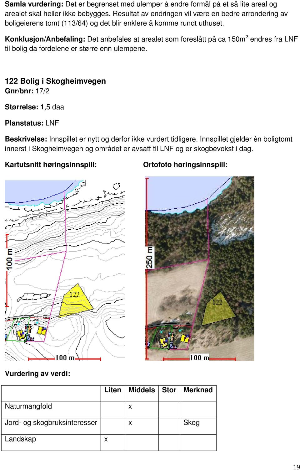 Konklusjon/Anbefaling: Det anbefales at arealet som foreslått på ca 150m 2 endres fra LNF til bolig da fordelene er større enn ulempene.