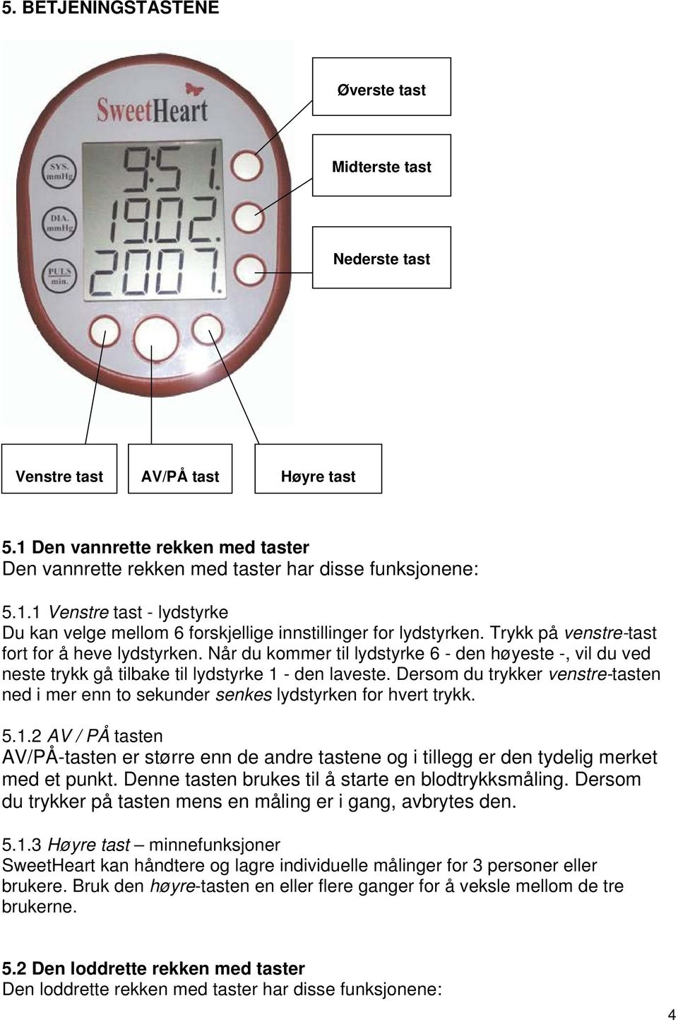 Dersom du trykker venstre-tasten ned i mer enn to sekunder senkes lydstyrken for hvert trykk. 5.1.