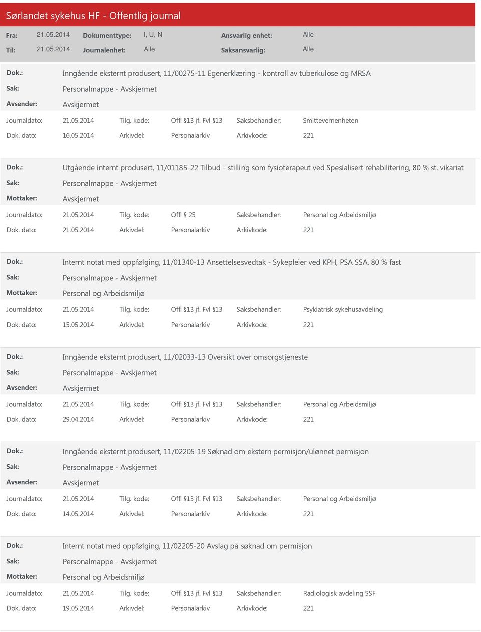 dato: Arkivdel: Personalarkiv Arkivkode: 221 Internt notat med oppfølging, 11/01340-13 Ansettelsesvedtak - Sykepleier ved KPH, PSA SSA, 80 % fast Personalmappe - Psykiatrisk sykehusavdeling Dok.