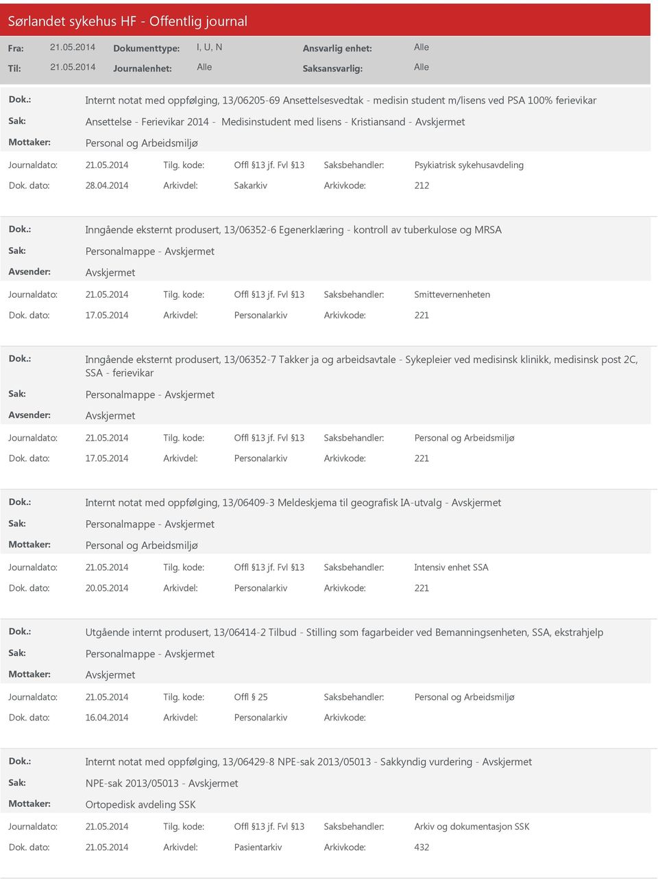 2014 Arkivdel: Personalarkiv Arkivkode: 221 Inngående eksternt produsert, 13/06352-7 Takker ja og arbeidsavtale - Sykepleier ved medisinsk klinikk, medisinsk post 2C, SSA - ferievikar Personalmappe -