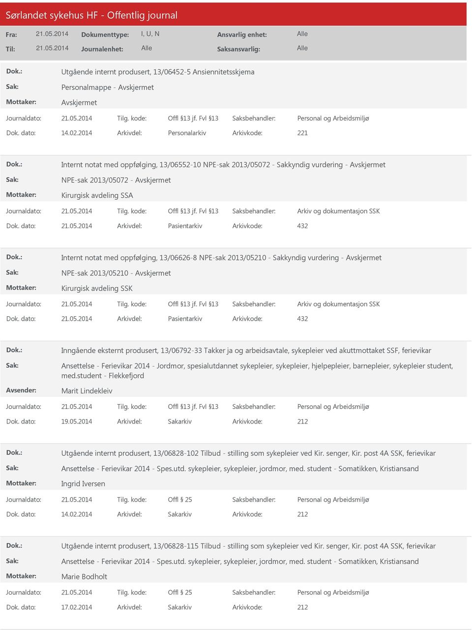 dato: Arkivdel: Pasientarkiv Arkivkode: 432 Internt notat med oppfølging, 13/06626-8 NPE-sak 2013/05210 - Sakkyndig vurdering - NPE-sak 2013/05210 - Kirurgisk avdeling SSK Dok.