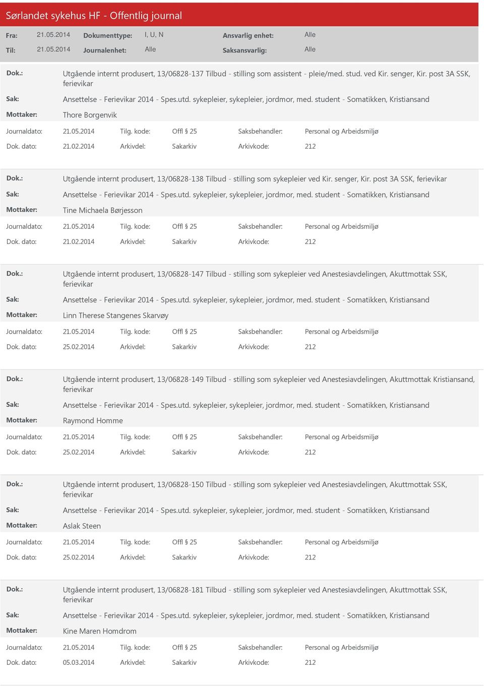 2014 Arkivdel: Sakarkiv Utgående internt produsert, 13/06828-138 Tilbud - stilling som sykepleier ved Kir. senger, Kir. post 3A SSK, ferievikar Ansettelse - Ferievikar 2014 - Spes.utd.