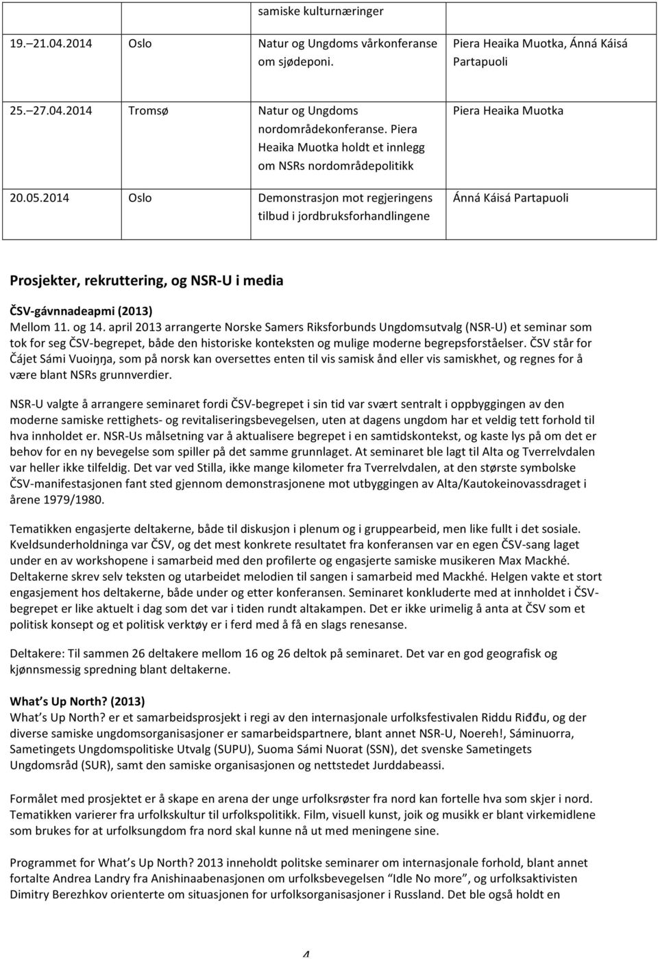 2014 Oslo Demonstrasjon mot regjeringens tilbud i jordbruksforhandlingene Ánná Káisá Partapuoli Prosjekter, rekruttering, og NSR- U i media ČSV- gávnnadeapmi (2013) Mellom 11. og 14.