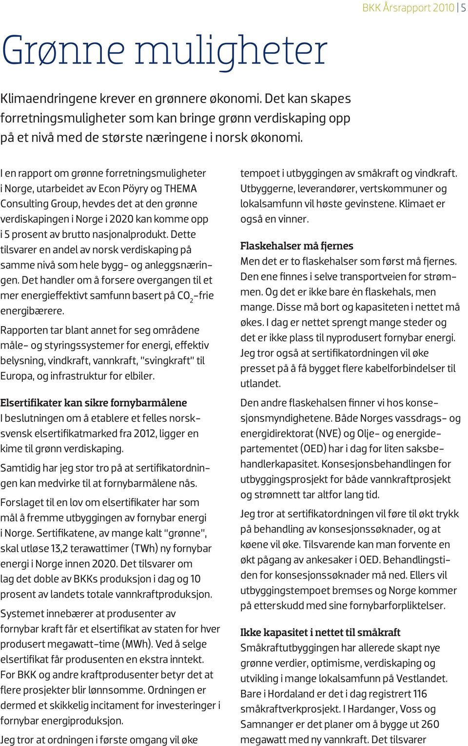 I en rapport om grønne forretningsmuligheter i Norge, utarbeidet av Econ Pöyry og THEMA Consulting Group, hevdes det at den grønne verdiskapingen i Norge i 2020 kan komme opp i 5 prosent av brutto