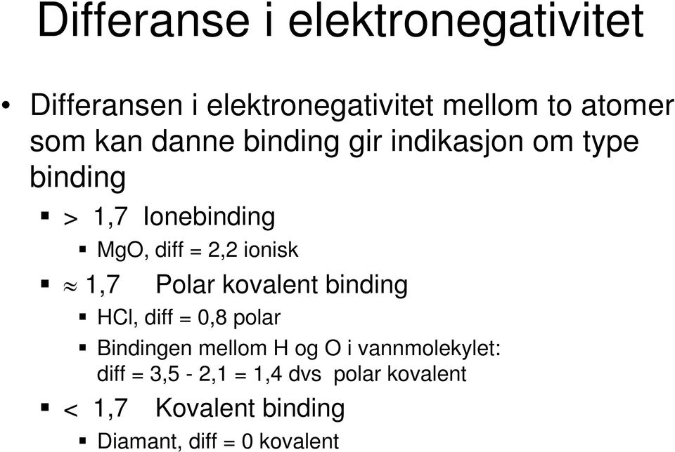 ionisk 1,7 Polar kovalent binding Cl, diff = 0,8 polar Bindingen mellom og O i